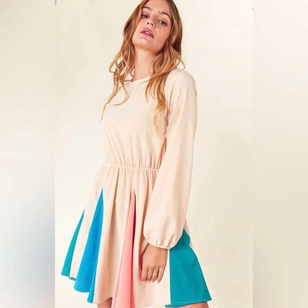 Sugarfox Dress 1XL NWT Colorblock Godet Fit Flare Long Sleeve Cream Pink Blue